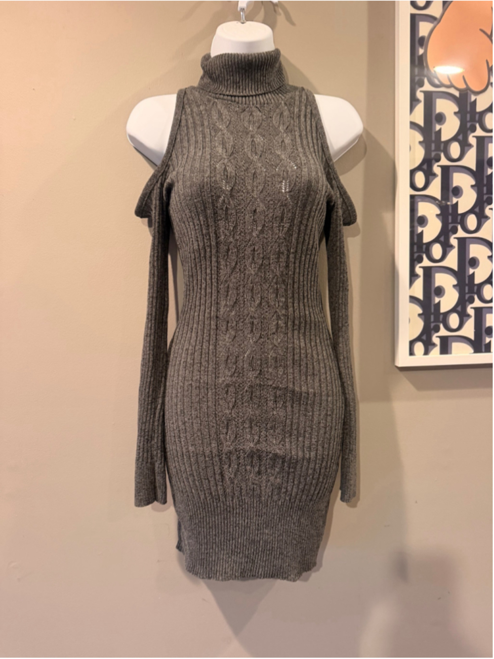 Cherry Knit Women’s Medium Gray Cold Shoulder Turtleneck Sweater Dress - Picture 1 of 7